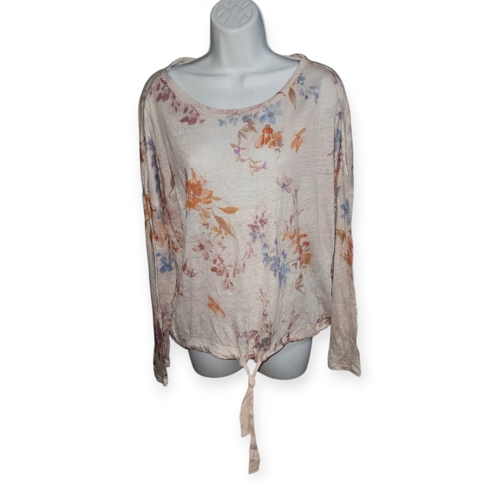 Sundance Sophia Floral Tie Front Pastel Organic Linen Sweater- Women's M